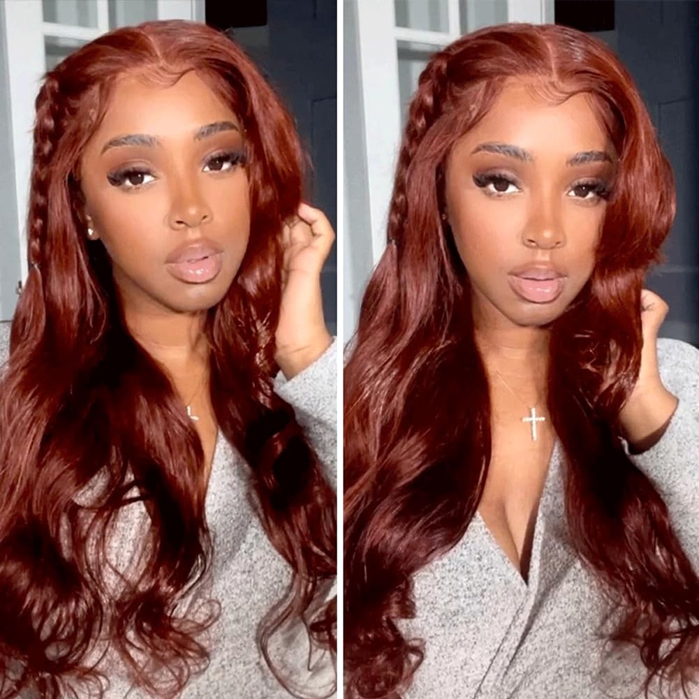 Reddish Brown 33B Human Hair 13X4 Lace Frontal Ear To Ear 13X4 Lace Closure Body Wave 150 Density Unprocessed Virgin Human Hair 13X4 Lace Frontal Free Part Bleached Knots Pre-Plucked Hairline 16 Inch