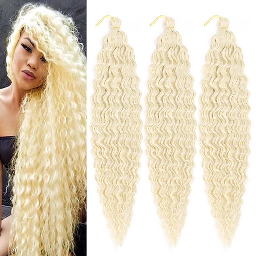 Ocean Wave Crochet Hair 30 Inch Deep Wave Braiding Hair Long Curly Crochet Braids Hair Extensions Beige Mix White 3 Packs