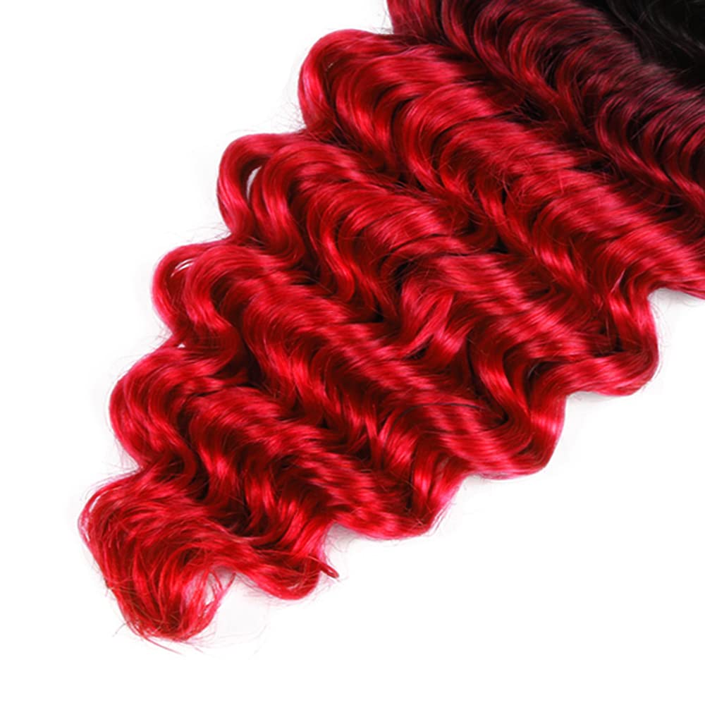 12 14 16 Inch Bright Red Human Hair Bundle Ombre Deep Wave Bundles Brazilian Virgin Remy Human Hair Extensions 2 Tone 1B/Red Deep Wave Bundles Human Hair Weave