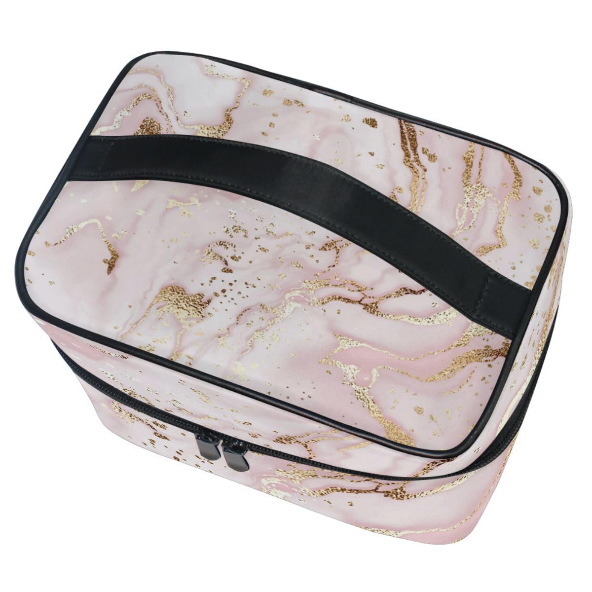 ZOEO Makeup Train Case Pink Marble Gilding Korean Carrying Portable Zip Travel Cosmetic Brush Bag Organizer Large for Girls Women