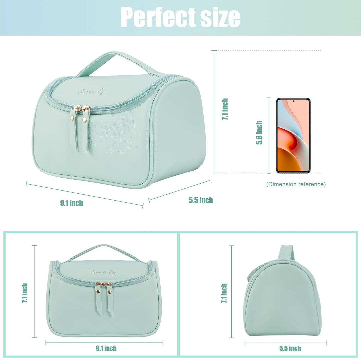 NUFR Large Makeup Bag,PU-Leather Cosmetic Bag,Water-resistant Toiletry Pouch,Portable Travel Essentials Case,Make up Bags for Women Girls (Mint Green)