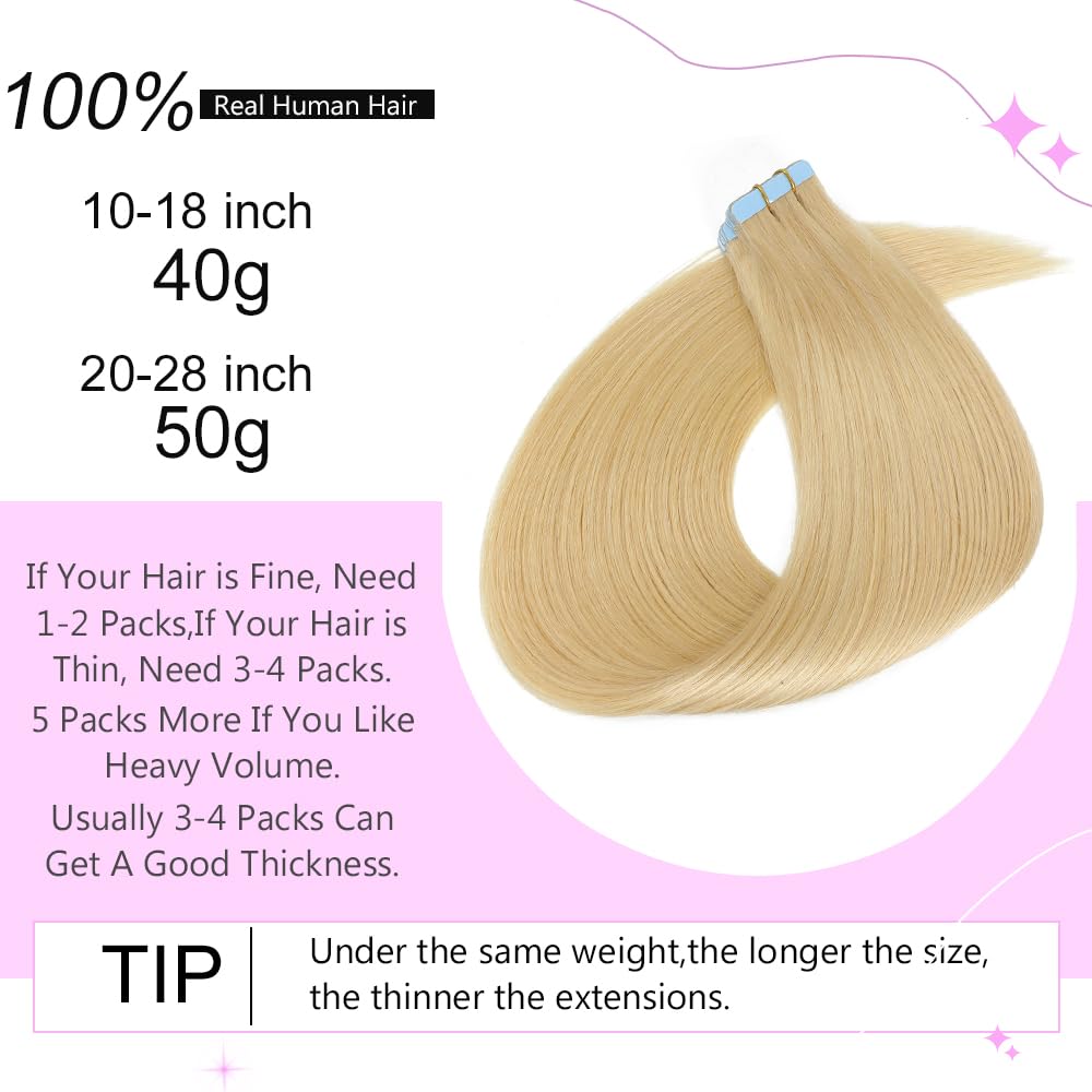 ELFSECRET 100% human hair Tape In Hair Extensions Invisible PU Seamless Skin Weft Tape in Real Human Hair Silky Straight Hair Extensions Soft Thick To End 40g/pack 20pcs (22 Inch, 613 Bleach Blonde)