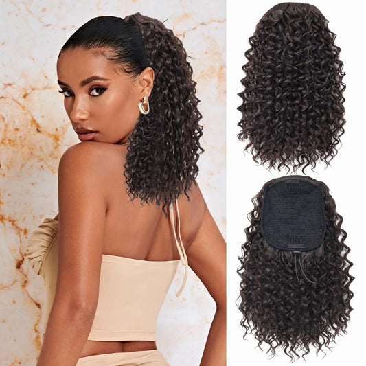 LOSMOEER Ponytail Extension 10 Inch Drawstring Ponytail Hair Extensions for Women Dark Brown Short Kinky Curly Ponytail Fake Hairpiece Daily Party Use