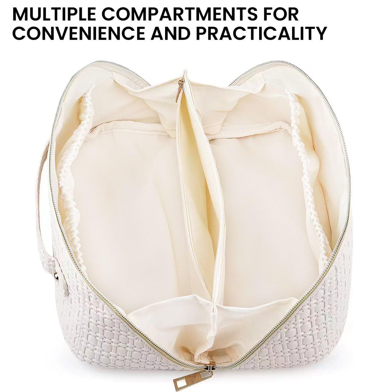 SLUKULU Large Travel Makeup Bag with Multiple Compartments, Waterproof and Easy to Clean. Cute Square Ladies Cosmetics Pouch with Carry Handle for Easy Carrying. (Milk white)