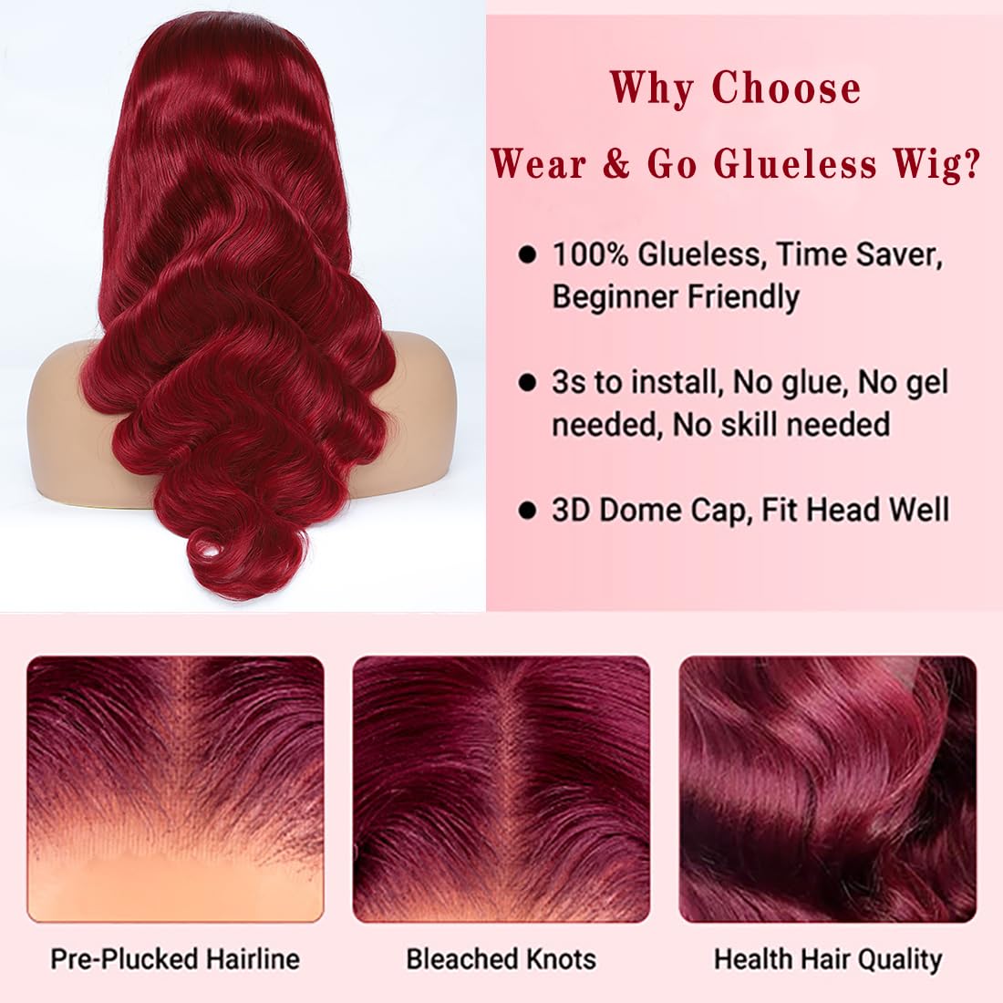 Jewhaut Wear and Go Glueless Wigs Human Hair Pre Plucked Pre Cut for Beginners 99j Burgundy Lace Front Wigs Human Hair Upgraded No Glue 5x5 HD Body Wave Lace Closure Wigs Human Hair for Women 24 Inch