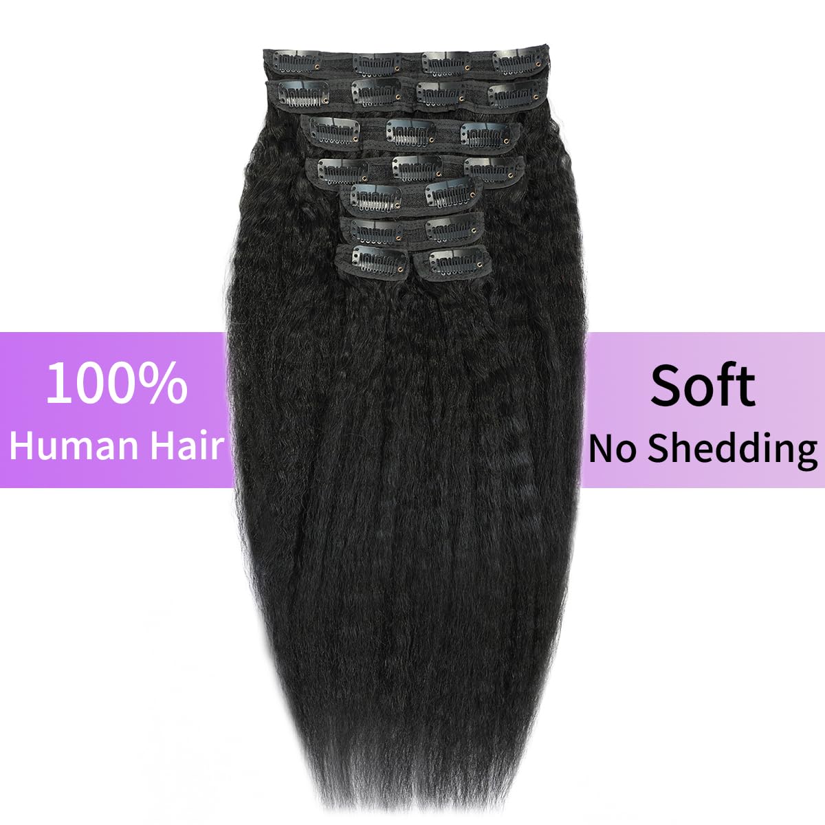 CALNESHIA 20 Inch Kinky Straight Clip in Hair Extensions Real Human Hair Yaki Straight Clip Ins Human Hair Extension Seamless Clip ins for Black Women 8Pcs 100g 20Clips Natural Black