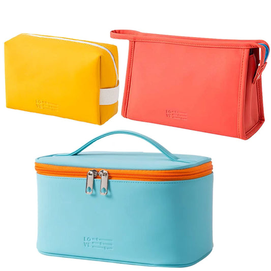 AUSEKALY Makeup Bag Cosmetic Bag Sets 3 Pcs For Women Travel Toiletry Bag for Girl Cute Large Make Up Bag With Brush Bag + Small Cosmetic Pouch Blue Orange Yellow