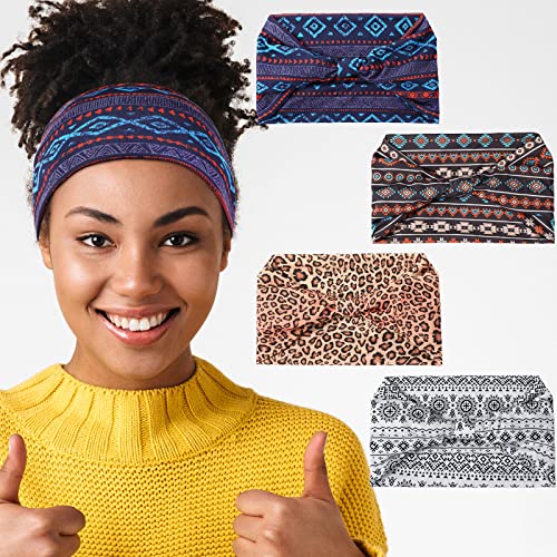 WILLBOND 4 Pieces African Headbands Knotted Wide Yoga Stretchy Bandeau African Headwrap Hair Accessories for Women and Girls (Boho Series)