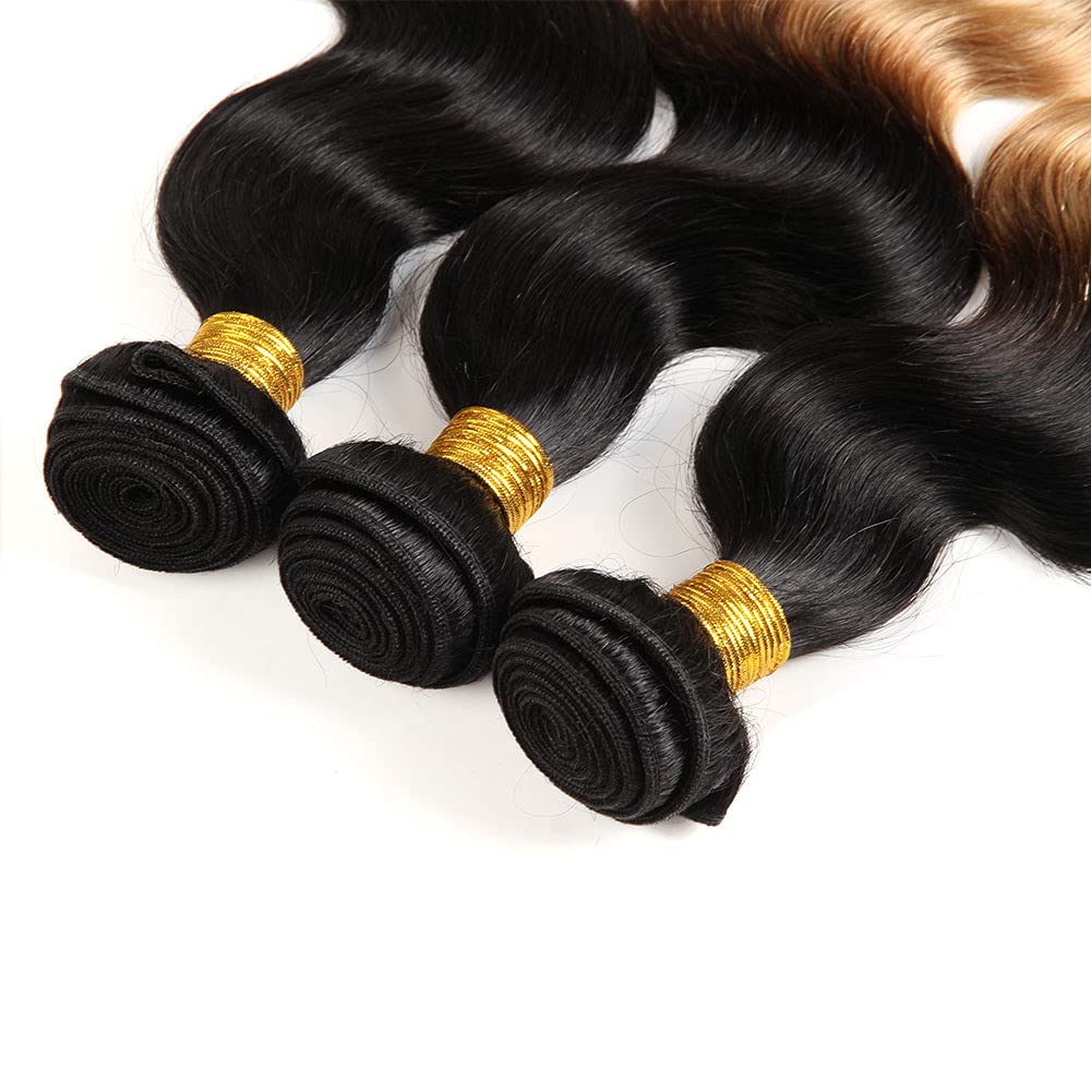 1B/27 Bundles Ombre Highlight Body Wave Human Hair Bundles 8A Grade Brazilian Unprocessed Virgin Hair 3 Bundles 12 12 12 Inch Blonde Body Wave Bundles Remy Human Hair Extensions