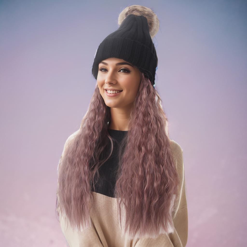 STfantasy Long Purple Wavy Curly Hair Extensions Knit with Beanie Hat 26inch Heat Resistant Synthetic Wig Sewing Hairpiece Warm Pom for Women Winter Daily Wear