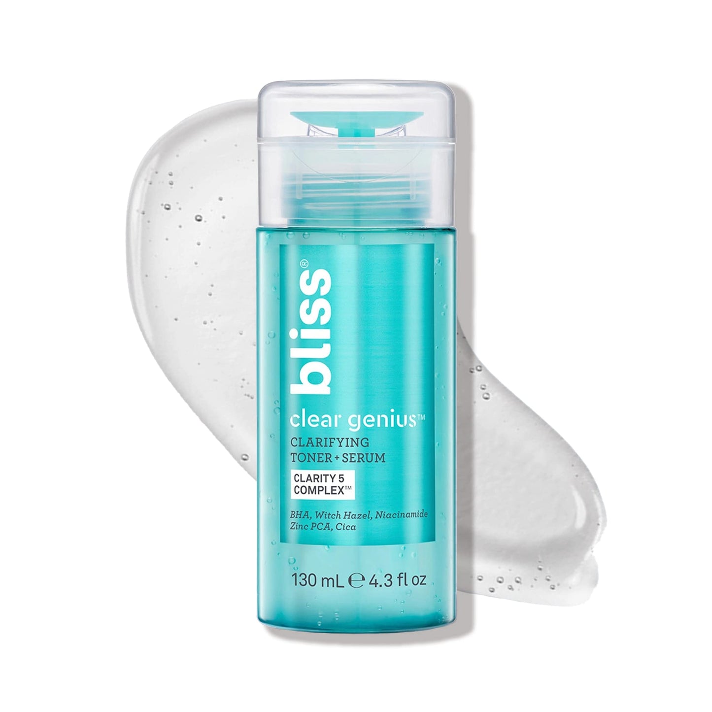 Bliss Clear Genius Clarifying Toner + Serum - 4.3 Fl Oz - Purifies Pores, Tones, Calms & Clears Skin - Salicylic Acid, Niacinamide & Witch Hazel - Clean Paraben Free - Vegan & Cruelty-Free