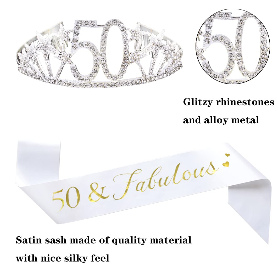 Happy 50th Birthday Tiara and Sash Gifts Crystal Rhinestone Princess Crown Birthday Queen Party Favor Supplies Silver Crowns White Sash