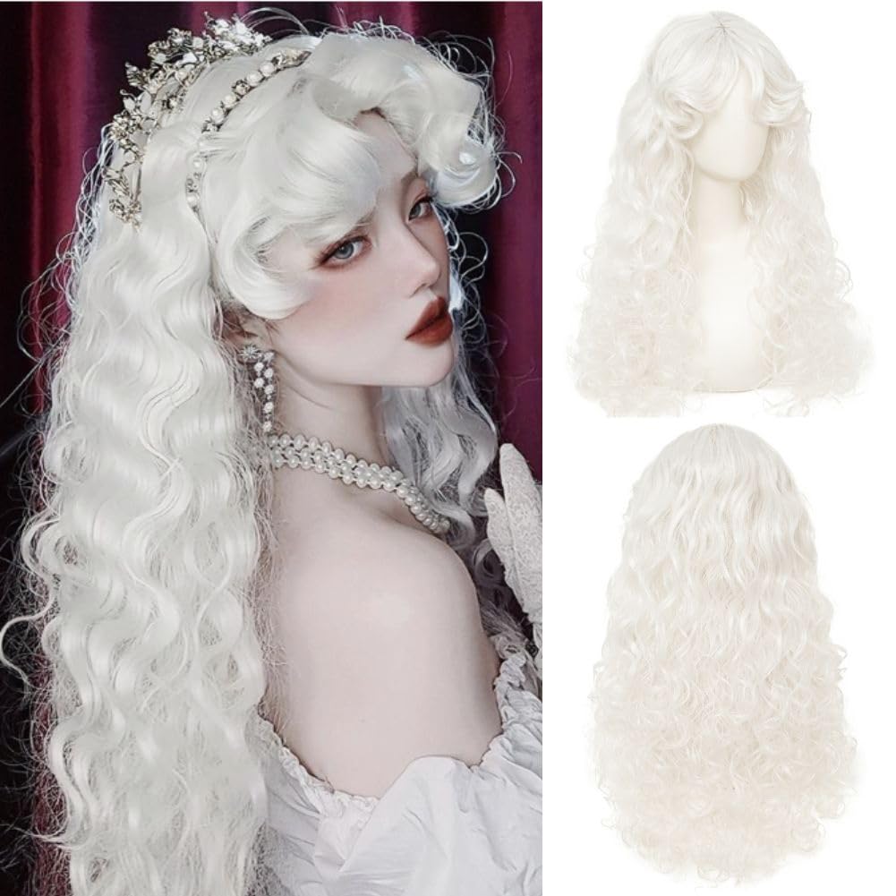 Tseses White Long Curly Wigs for Women Middle Part with Bangs Natural Synthetic Princess Hair Wig for Cosplay