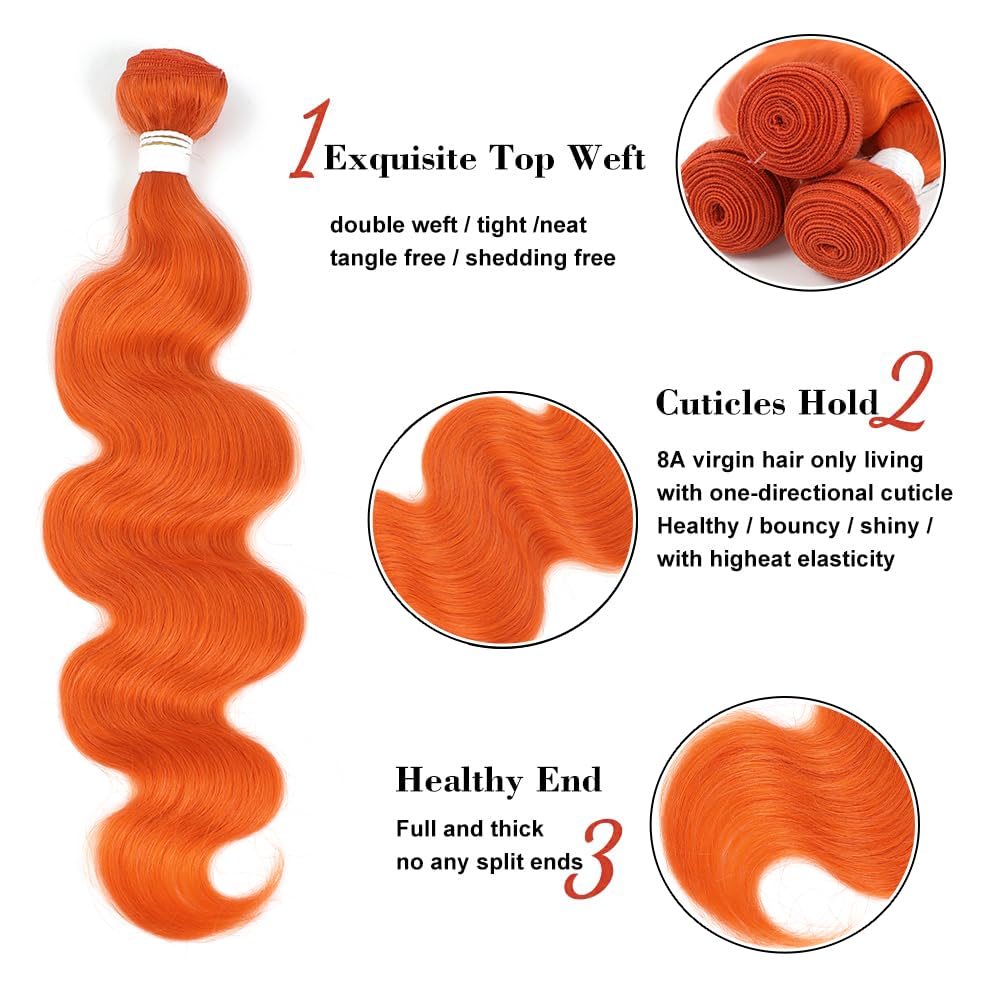 REMY HAIR 100% Human Hair Bundles Body Wave Orange Hair Extensions Sew in Hair One Bundle 18 Inch Weave Bundles for Black White Women