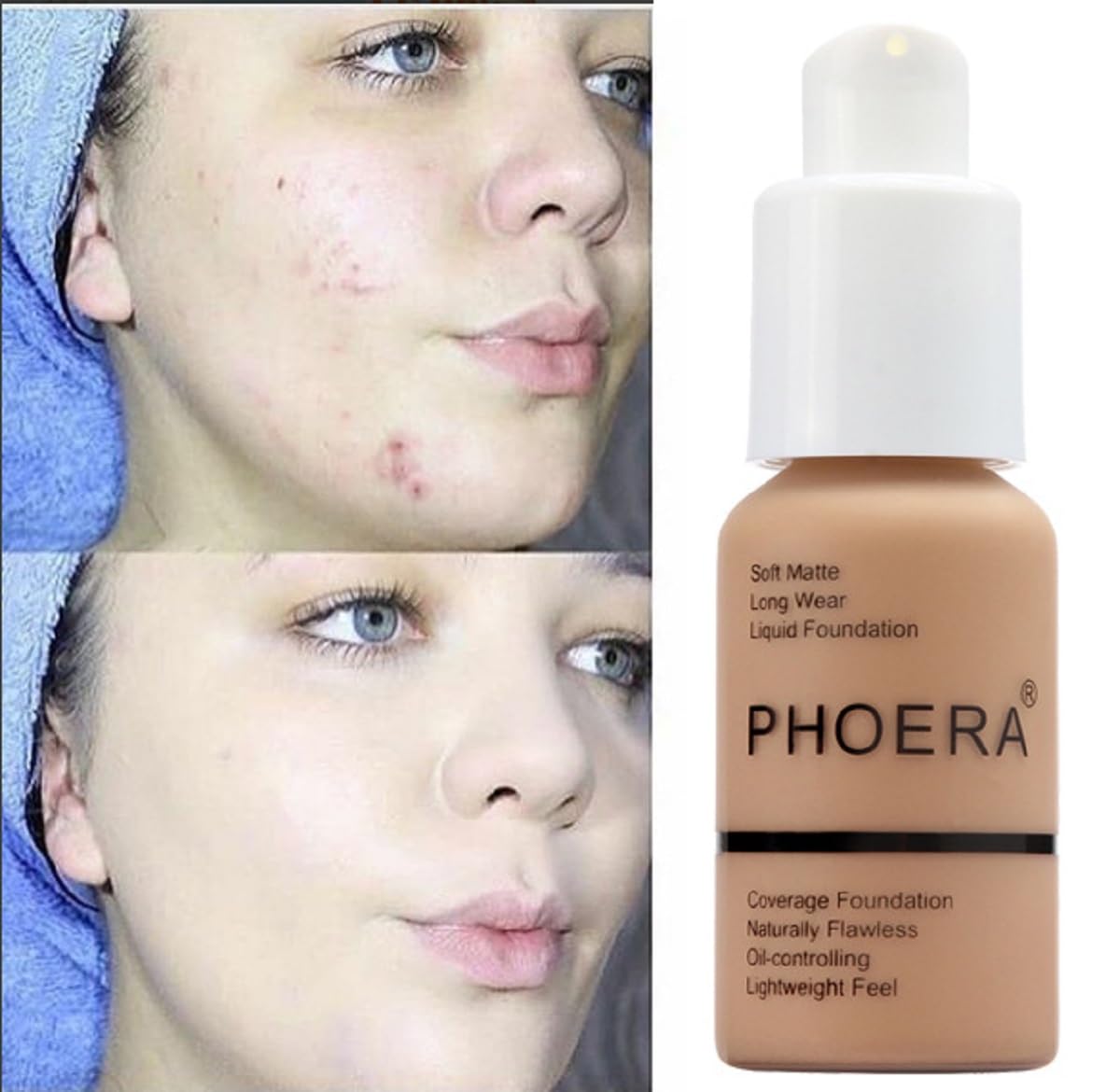 2 Pack PHOERA Foundation 105# Sand and 106#Warm Sun,Flawless Soft Matte Liquid Foundation 24 HR Oil Control Concealer Foundation Makeup.