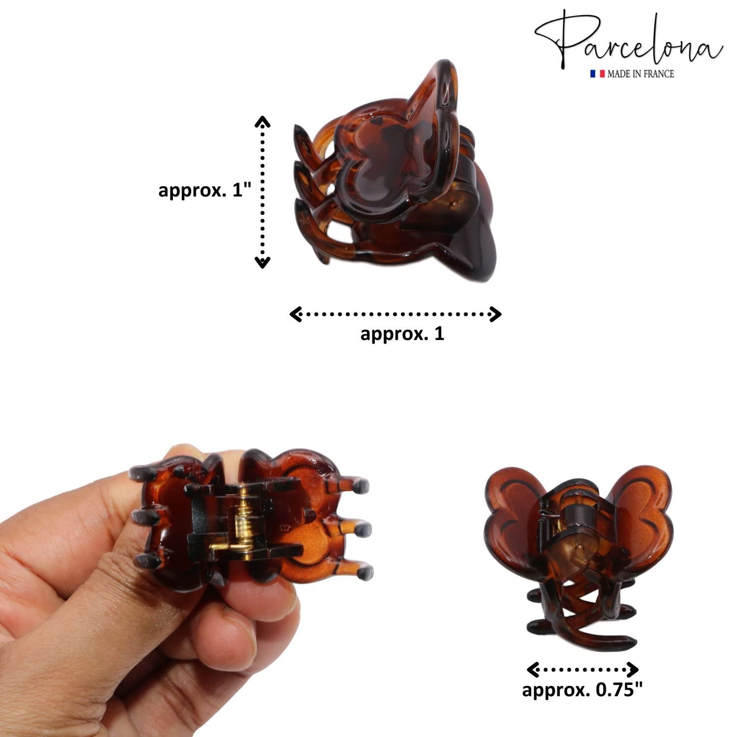 Parcelona French Petunia Mini 1" Celluloid Acetate Set of 2 Covered Spring Jaw Hair Claw Clip for Fine Hair with Very Tight Grip Women Hair Accessories, Made in France(Tortoise Shell Brown and Savana)