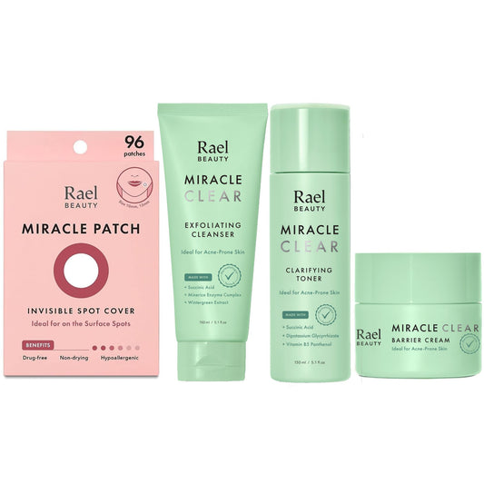 Rael Miracle Bundle - Invisible Spot Cover (96 Count), Exfoliating Cleanser (5.1 oz), Clarifying Toner (5.1 oz), Barrier Cream (1.8 fl. oz)