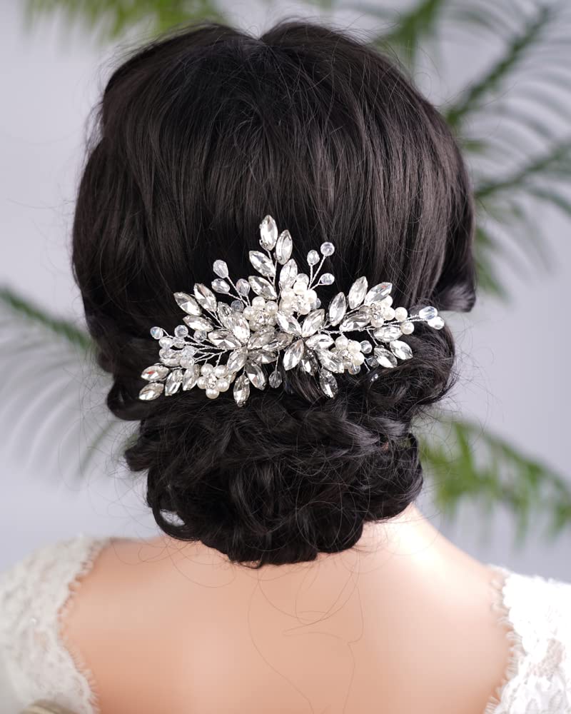 BERYUAN Hair Comb, Wedding Pearls Crystal Rhinestone Handmade Headpiece, Crystal Flowers Bride Hair Accessories for Women and Girls, silver