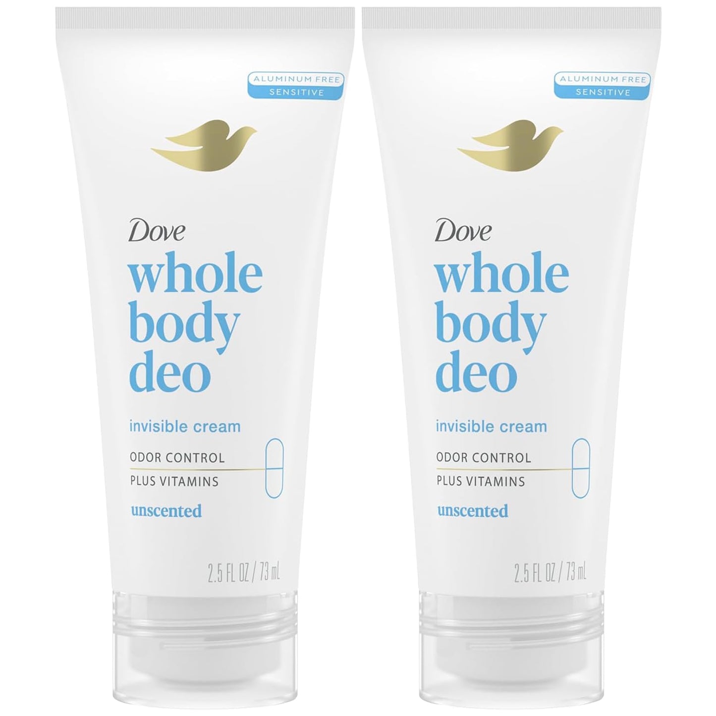 Dove Whole Body Deo Aluminum Free Invisible Cream Deodorant Unscented for 72h Odor Control, 2.5 oz (Pack of 2)