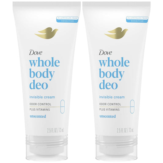 Dove Whole Body Deo Aluminum Free Invisible Cream Deodorant Unscented for 72h Odor Control, 2.5 oz (Pack of 2)