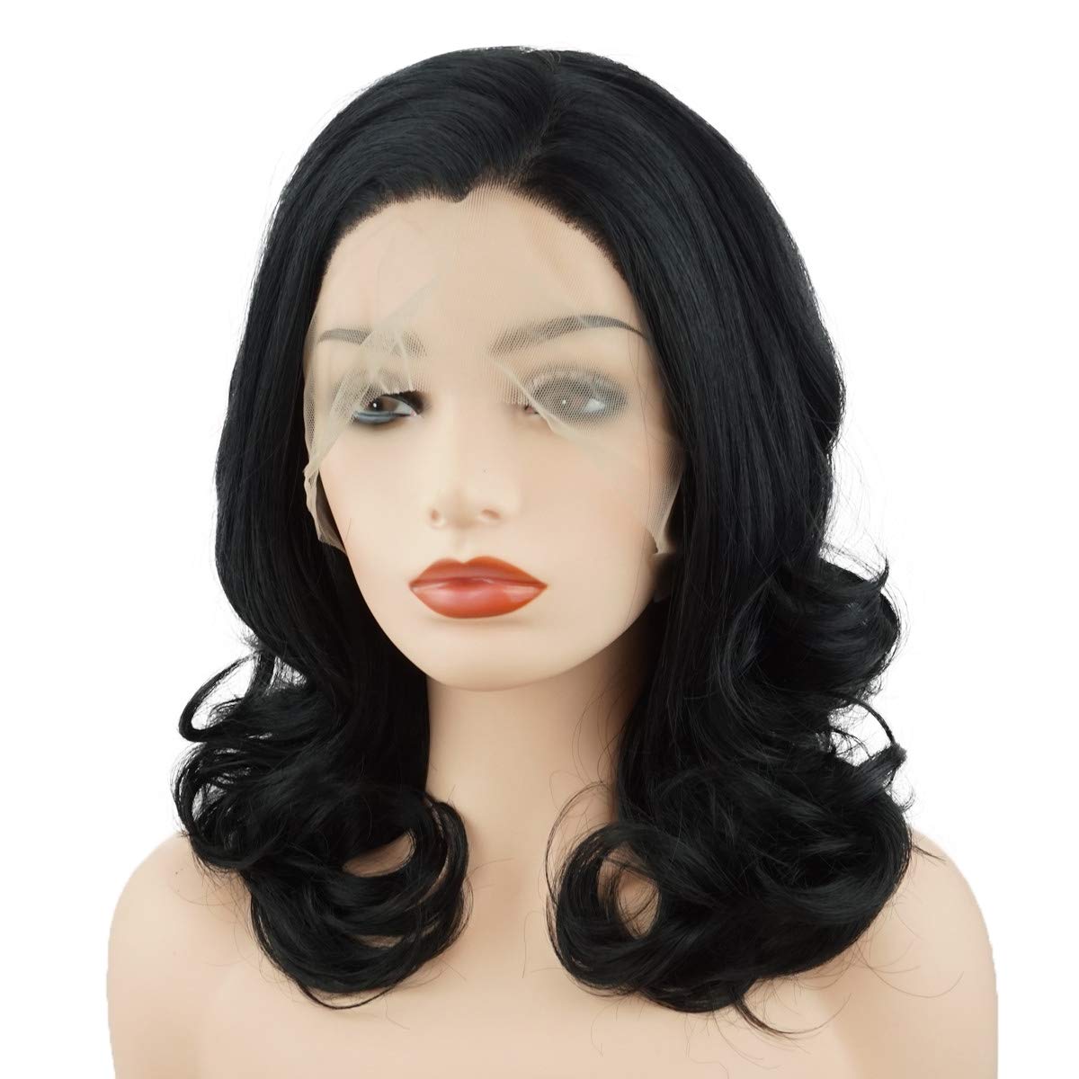 Meiyite Hair Wavy Shoulder Length 16inch Black Half Hand Tied Heavy Density Realistic Synthetic Lace Front Wig