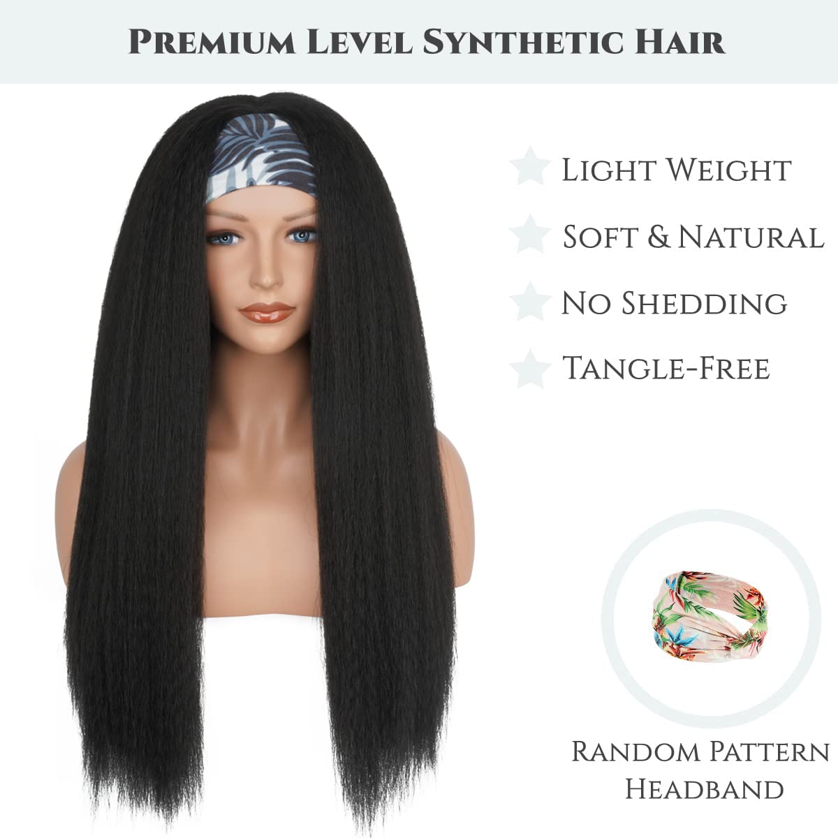 Aminow Kinky Straight Headband Wig, Soft & Natural as Human Hair, Glueless Headband Wigs for Black Women, Long Black Italian Yaki Synthetic Half Wig (1B Natural Black, 26 Inch)