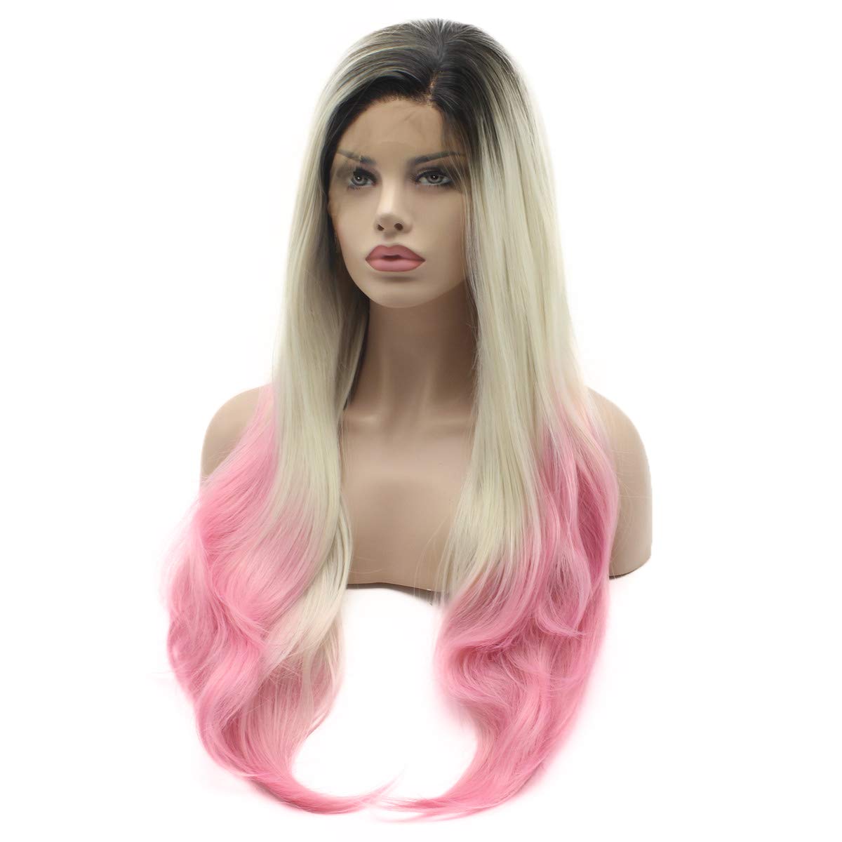 Lushy Straight Extra Long 28in Black Root Light Blonde Pink Ombre Wigs Heavy Density Heat Friendly Synthetic Lace Front Wigs