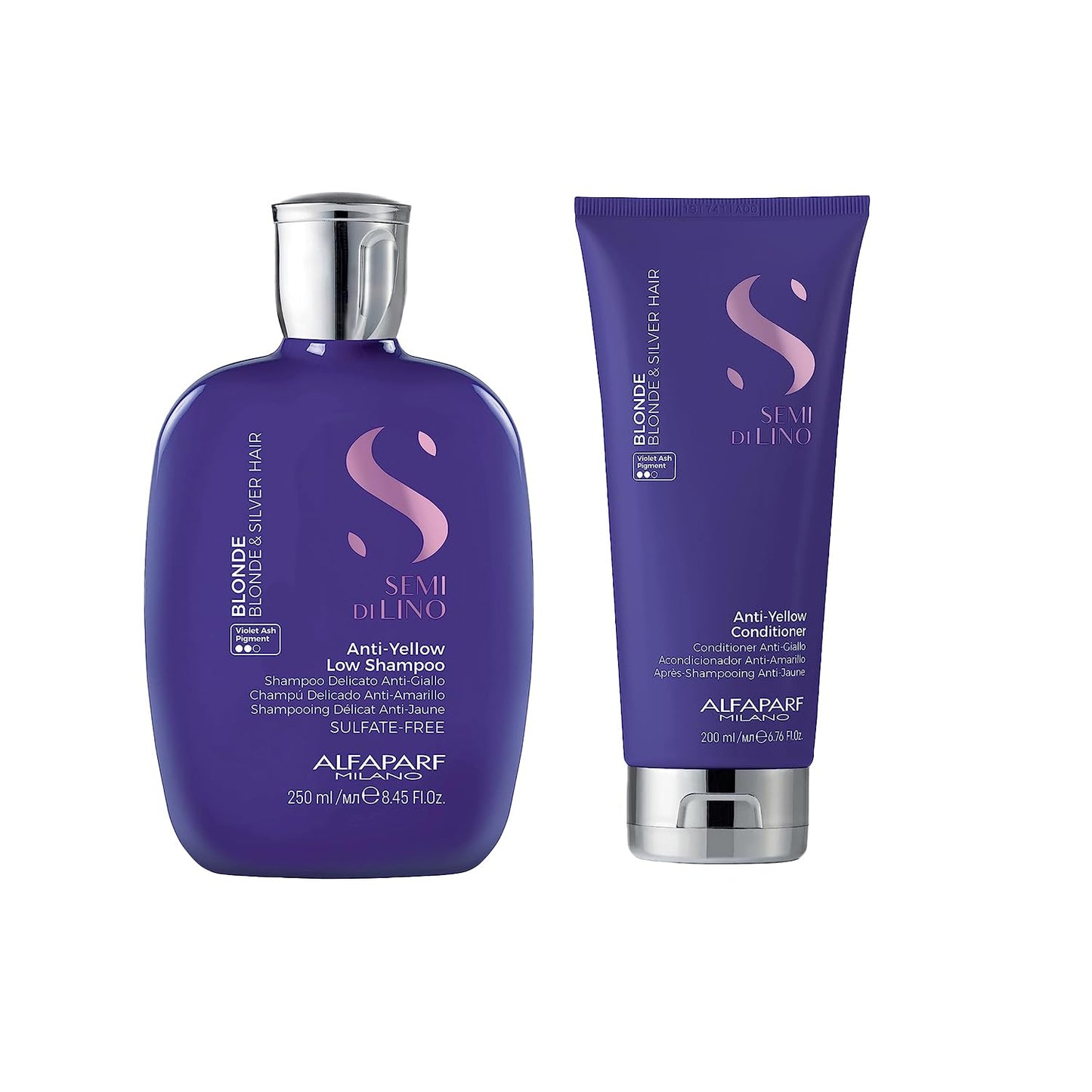 ALFAPARF MILANO Semi Di Lino Blonde Anti-Yellow Low Shampoo (8.45 oz) and Conditioner (6.76 oz) - for Blonde, Platinum and Silver Hair - Sulfate Free Purple Shampoo - Removes Yellow and Brassy Tones