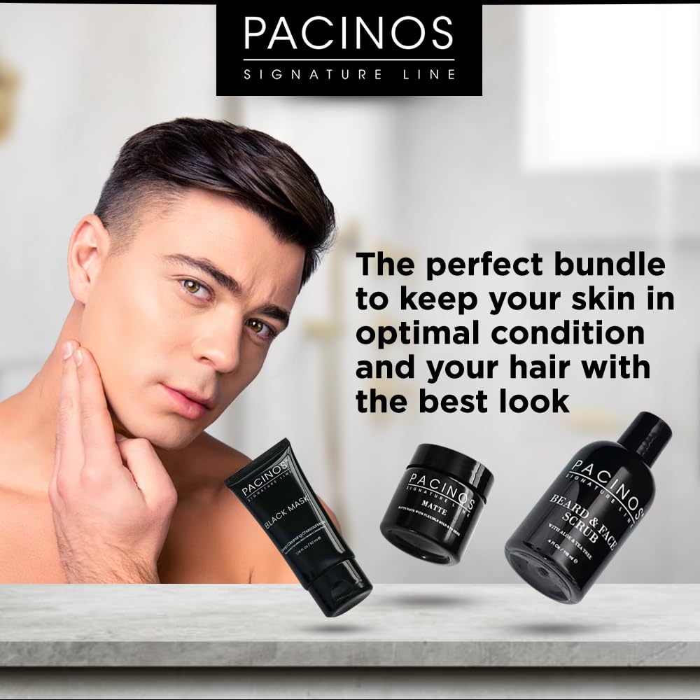 Pacinos Essentials Gift Set for Men - Beard and Face Scrub, Matte Hair Paste and Exfoliating Face Mask - Salon Quality Products - 3 Products