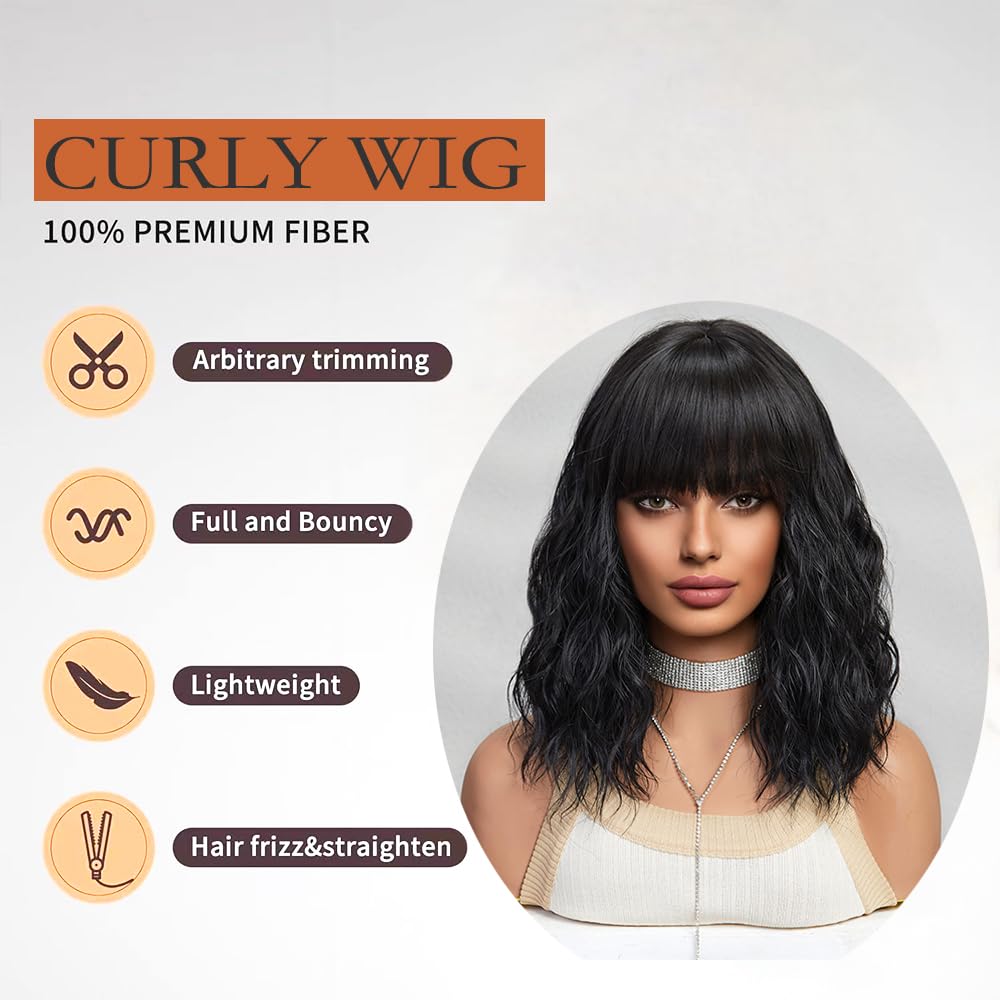 Short Black Hair Wig,Shoulder Length Bob Curly Wavy Black Wig With Bangs for Women, Charming Heat-resistant Synthetic Hair Wigs for Date Daily Use