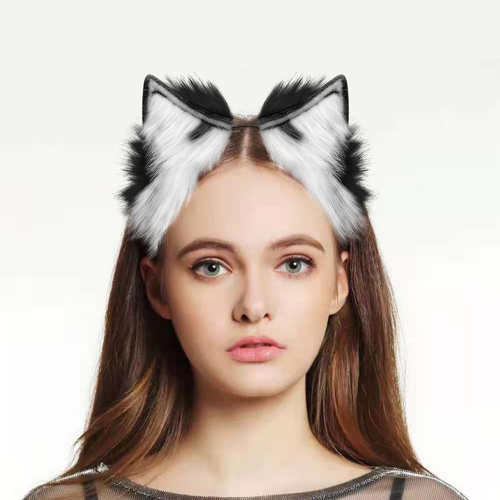 GaliaFaya Cat Wolf Fox Dog Ears Headband Handmade Long Faux fur Cosplay Halloween Costume Party (Brown and White)