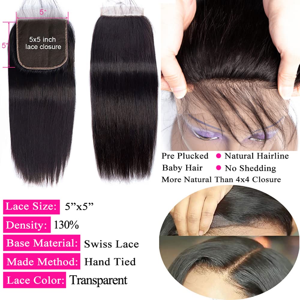 Cheap 5X5 hd Lace Closure Human Hair HD Transparent Lace Closure 5X5 Straight 100% Unprocessed Brazilian Human Hair Closure For Black Women Pre Plucked With Baby Hair Free Part Natural Color 20 Inch