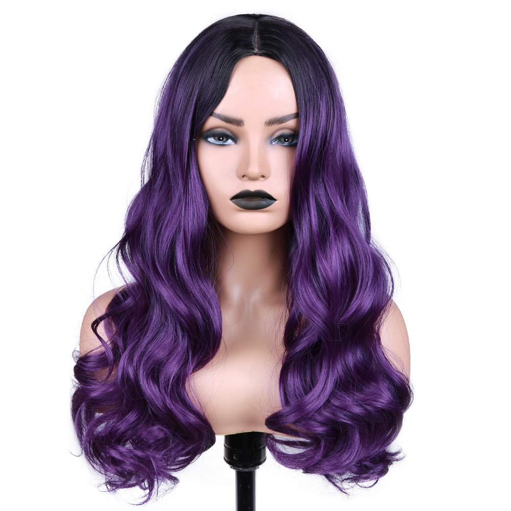 Fancy Hair Ombre Wig Purple Wigs Long Curly Wavy Hair Wigs Heat Resistant 2 Tones Dark Roots Synthetic Wigs for Black Women Daily Party Cosplay