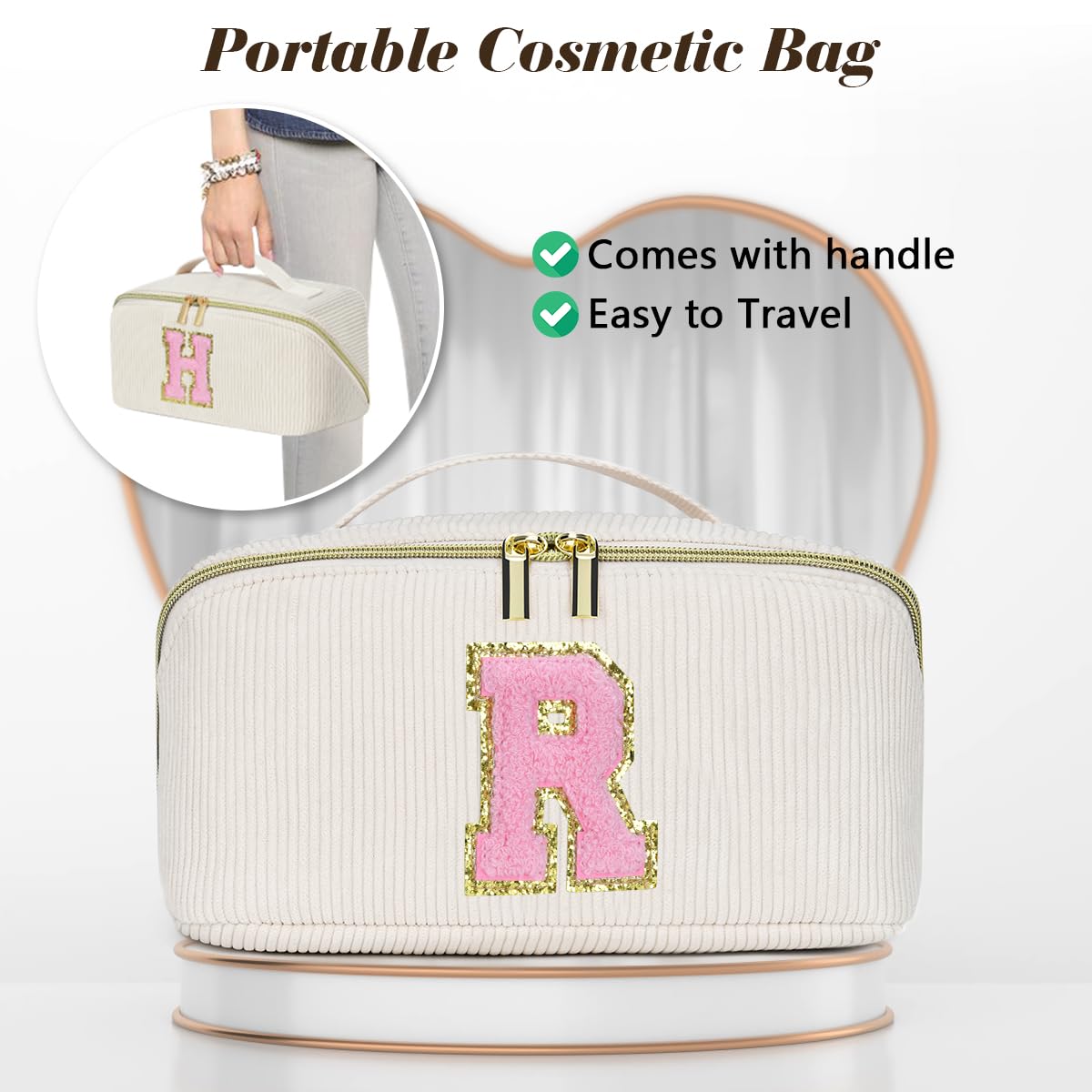 DTBG Personalized Cosmetic Bag, Inital Makeup Bag Birthday Gift Stuff Bag for Women Large Capacity Travel Make up Bag Pouch Cute Quilted Preppy Makeup Bag Gifts for Girls, Wife - L