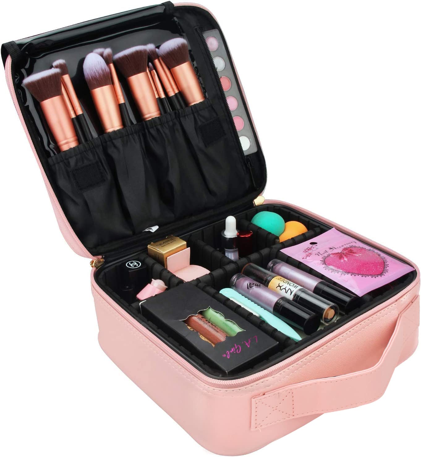 Relavel Travel Makeup Train Case Makeup Cosmetic Case Organizer Portable Artist Storage Bag with Adjustable Dividers for Cosmetics Makeup Brushes Toiletry Jewelry Digital Accessories (Pink)