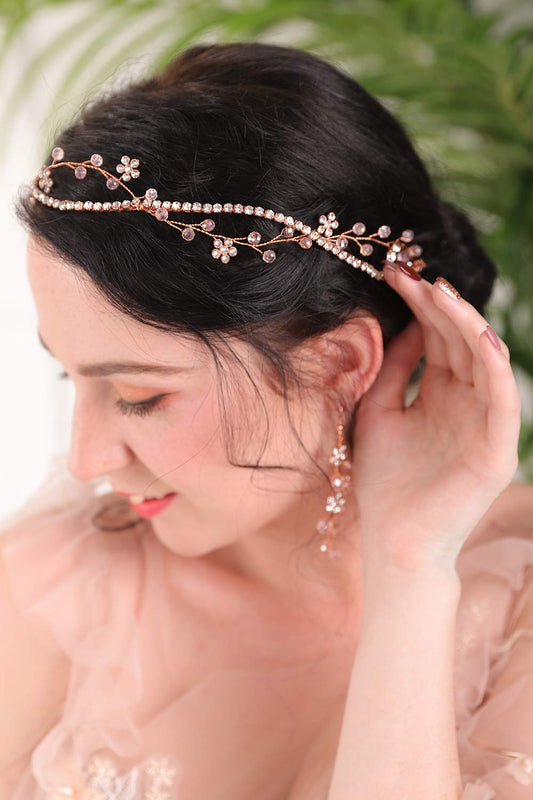 fxmimior Bridal Rose Gold Headpiece Bridal Rhinestone Hair Vine Pink Crystal Hair Accessories Flower Hair Jewelry for Women And Girls Rose Gold Wedding Tiara And Crowns(Headband)