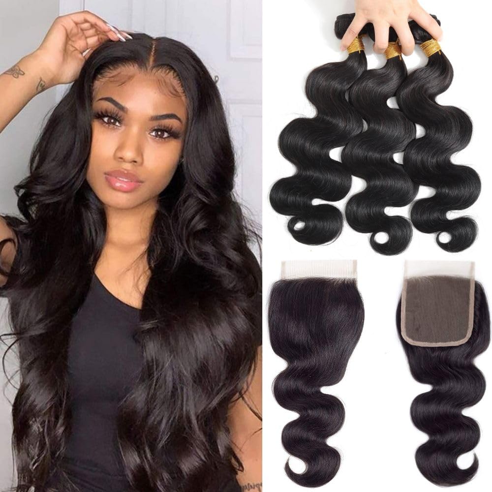 Body Wave Bundles with Closure(10/12/14+10 Free Part Closure) Human Hair 3 Bundles with Free Part Closure Human Hair Braziian Virgin Human Hair Bundles with 4x4 inch Hand-Tied Lace Closure