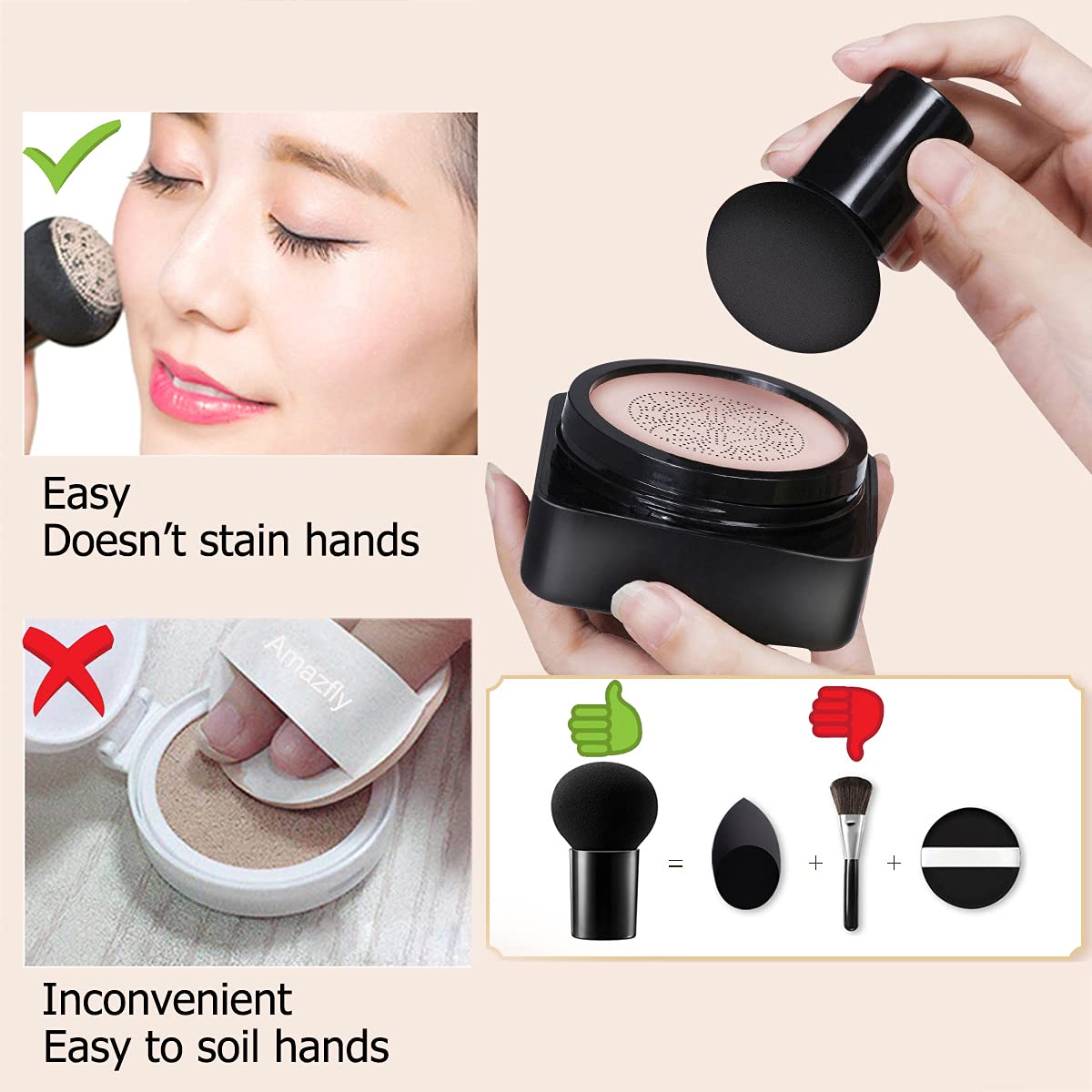 Air Cushion CC Cream Mushroom Head Foundation, 2 PCS Amazfly Moisturizing BB Cream Face Primer Makeup Long Lasting Matte Concealer Bright Makeup Base Long Lasting with Mushroom Makeup Sponge and