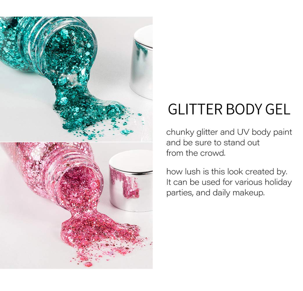 GL-Turelifes Mermaid Sequins Chunky Glitter Liquid Eyeshadow Glitter Body Gel Festival Glitter Cosmetic Face Hair Nails Makeup Long Lasting Sparkling 30g (White+Silver)