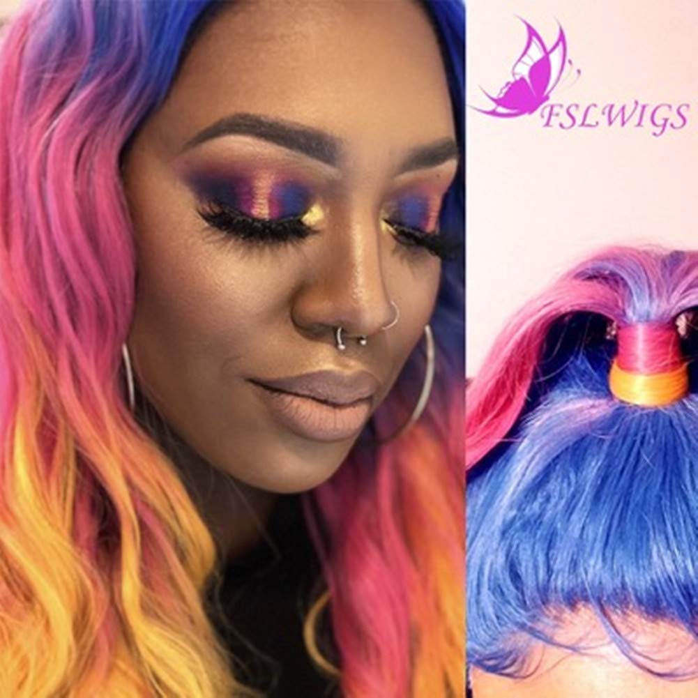 FSLWIGS Long Rainbow Hair Wig Multi-Color Natural Wave Synthetic Lace Front Wigs Colorful Heat Resistant for Music Festival, Theme Parties, Wedding, Concerts, Dating, Cosplay, Daily Use & More