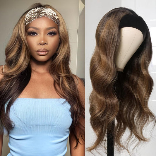 olimaruly Highlight Ombre Headband Wig Human Hair Body Wave Wigs 20 inch None Lace Front Wig Human Hair Glueless Wigs Body Wave Headband Half Wigs for Black Women 150% Density Honey Blonde