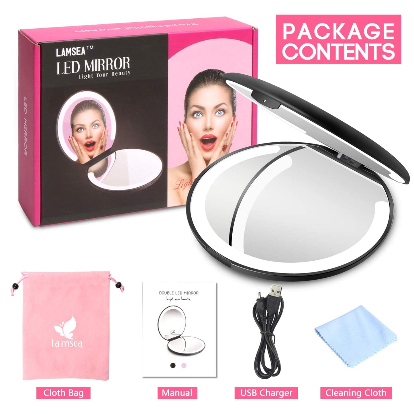 LED Lighted Travel Makeup Mirror Foldable, Dual Sided Vanity Mirror with Lights Portable Compact Illuminated Folding Tabletop Cosmetic Mirror, 1x/5x Magnifying Handheld Pocket Mirrors