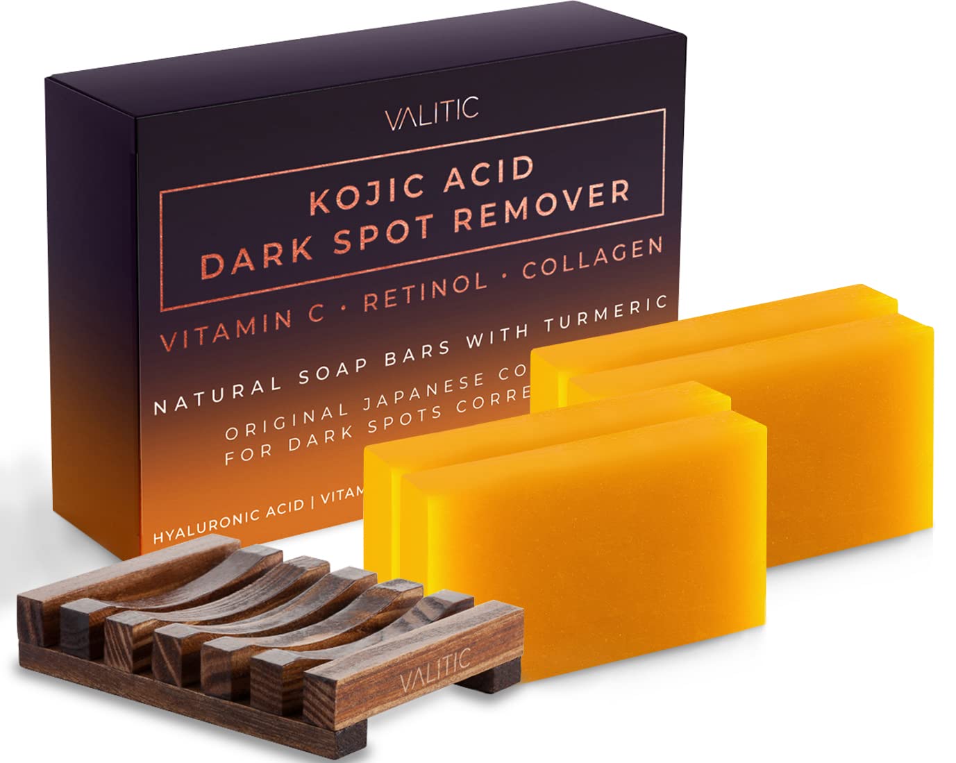 Valitic Kojic Acid Dark Spot Remover Soap Bar with Vitamin C, Retinol, Collagen, Turmeric - Original Japanese Complex - Hyaluronic Acid, Vitamin E, Shea Butter, Castile Oil ( 4 Pack ) With Soap Holder