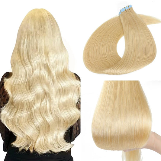 ELFSECRET 100% human hair Tape In Hair Extensions Invisible PU Seamless Skin Weft Tape in Real Human Hair Silky Straight Hair Extensions Soft Thick To End 40g/pack 20pcs (22 Inch, 613 Bleach Blonde)