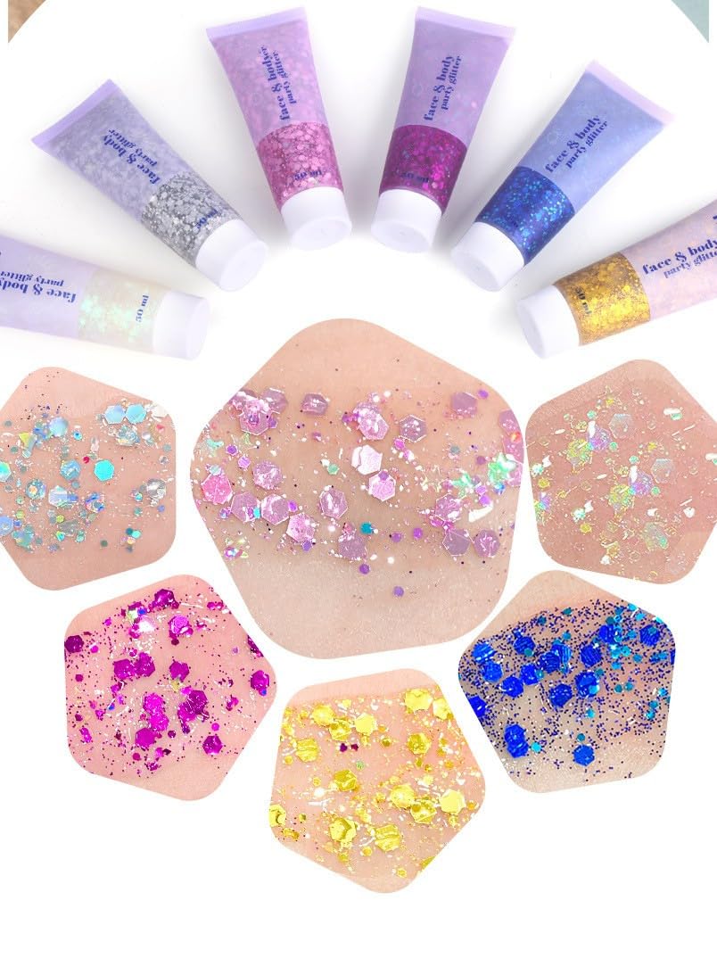 2 Pcs Face and Body Glitter, Concert Outfit Glow Party, Nail and Hair Glitter Festival Rave Highlighter Makeup. (02-Gold & 06-White Moonbeam)