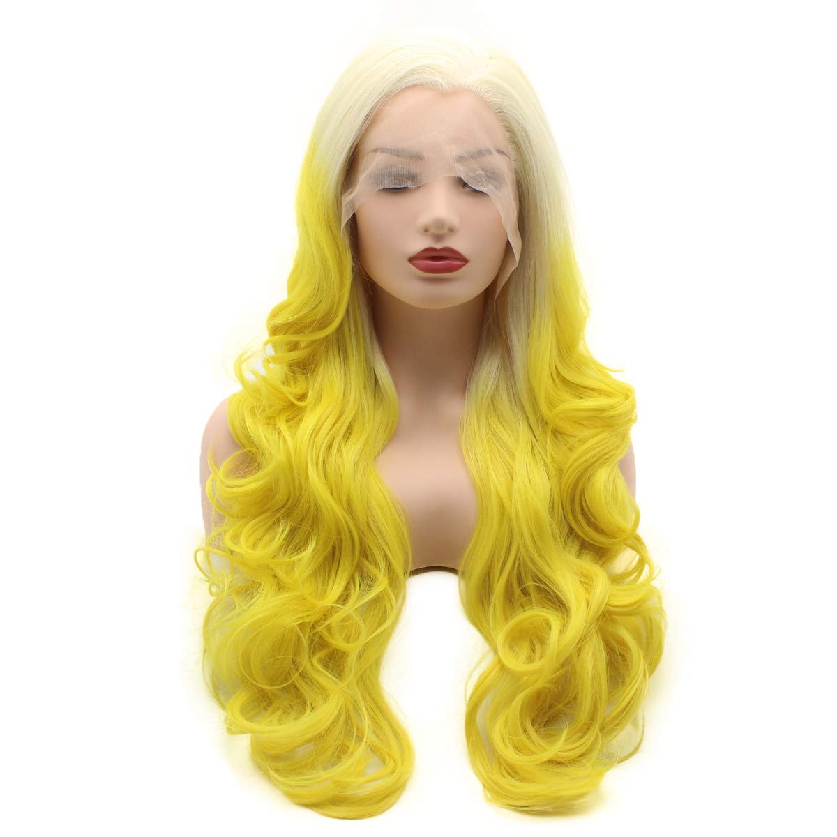 Meiyite Hair Wavy Long 26inch Blonde Root Yellow Ombre Heavy Density Realistic Synthetic Lace Front Wigs