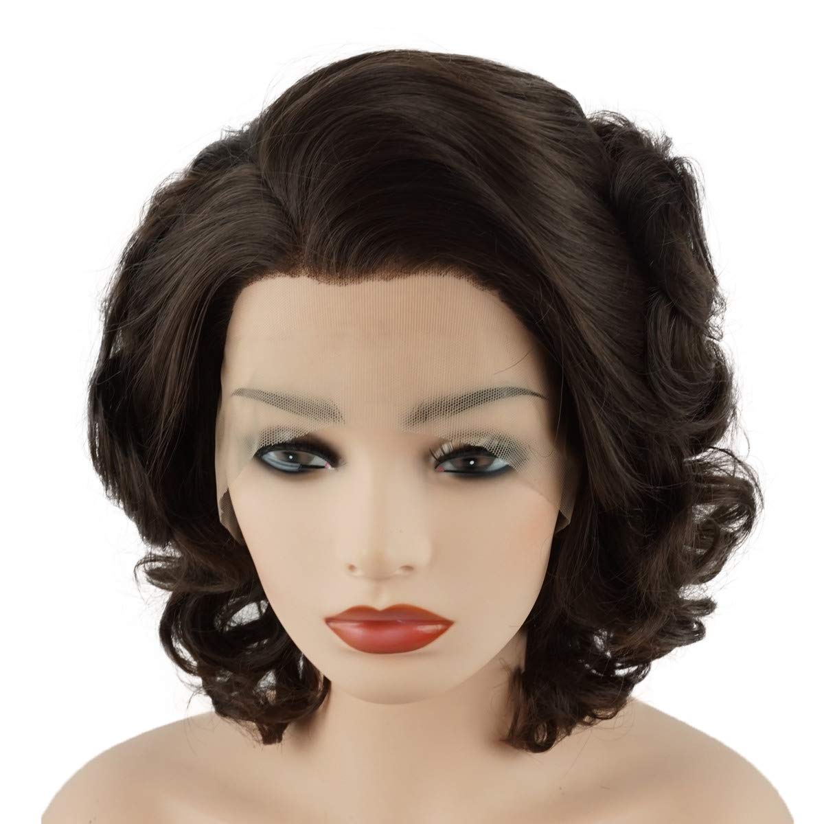 Meiyite Hair Wavy Short 10inch Two Tone Brown Mix Heavy Density Half Hand Tied Realistic Synthetic Lace Front Wigs