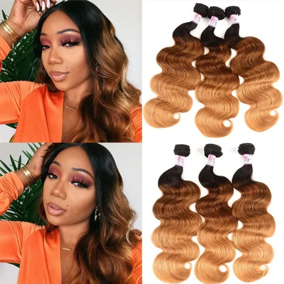 Sunber Ombre Brazilian Hair Bundles Body Wave 12A Grade Human Virgin Hair One Bundles 3 Tone 1B/4/27 Color Hair Extensions 16Inch T1B/4/27 Color