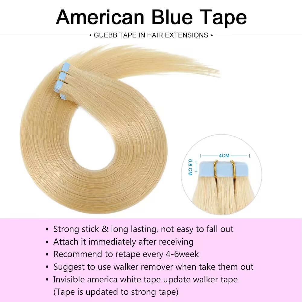 ELFSECRET 100% human hair Tape In Hair Extensions Invisible PU Seamless Skin Weft Tape in Real Human Hair Silky Straight Hair Extensions Soft Thick To End 40g/pack 20pcs (22 Inch, 613 Bleach Blonde)