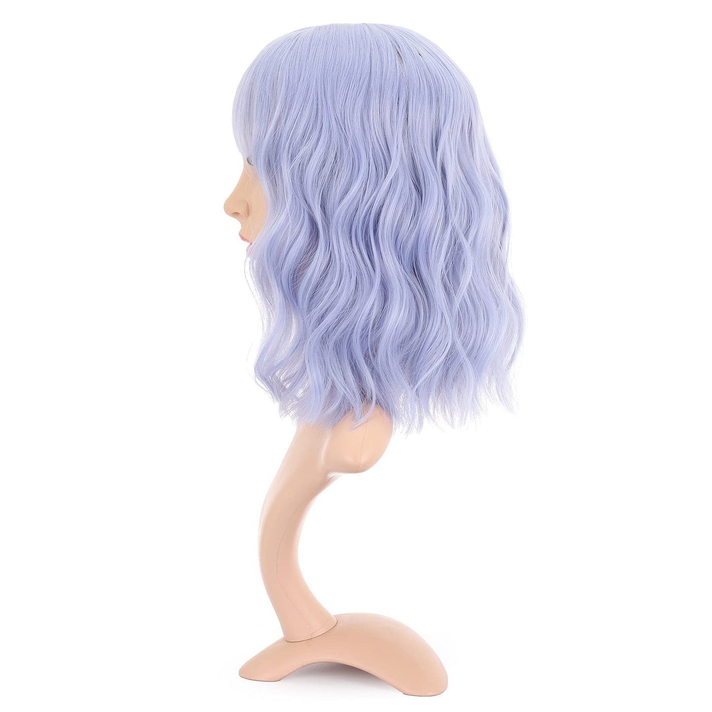 VCKOVCKO Natural Wavy Wig With Air Bangs Short Bob Grey Blue Wigs Women's Shoulder Length Wigs Curly Wavy Synthetic Cosplay Wig Pastel Bob Wig for Girl Colorful Wigs(12",Grey Blue)